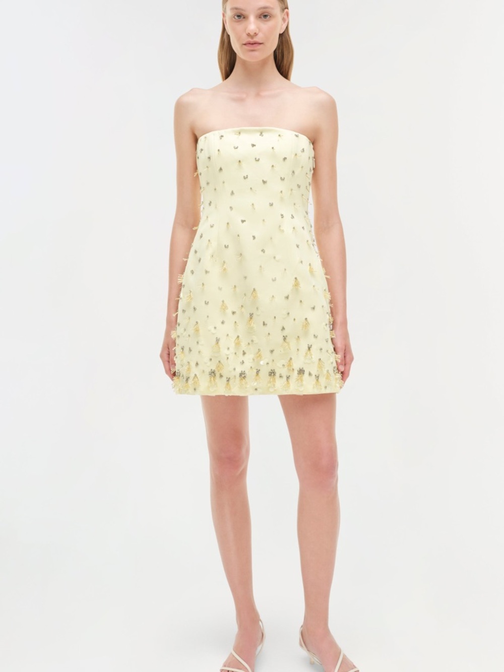 Strapless Beaded Mini Dress in Pale Yellow